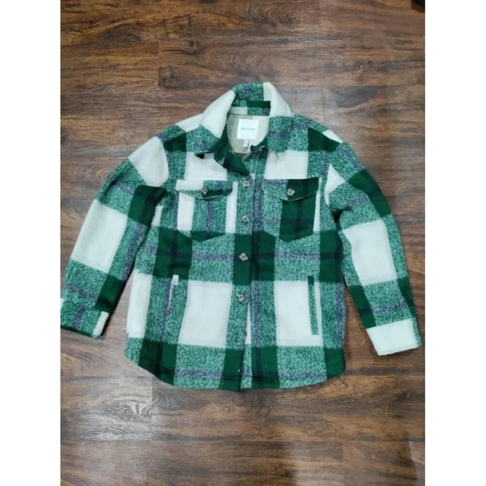 Avec Les Filles Green White Buffalo Plaid Wool Blend Shacket Overshirt - Picture 9 of 13